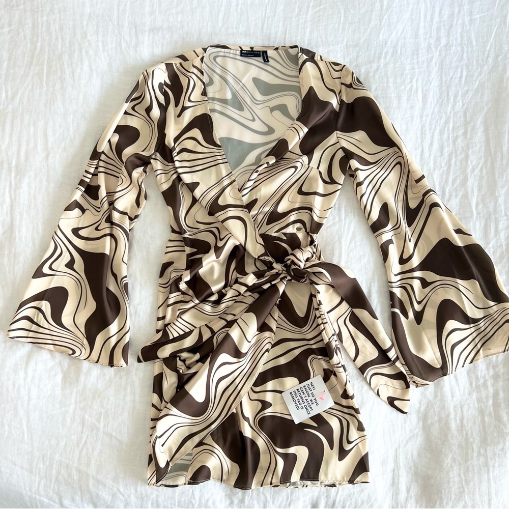 ASOS Swirl Marble Print Wrap Long Sleeve Mini Dress with Flare Bell